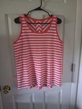Time and Tru Coral and White Striped Tank Top